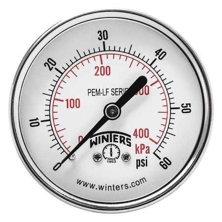 Winters Lead-Free Pressure Gauge, 0 to 60 psi, 2 1/2 in Dial, 1/4 in NPT, Center Back Location PEM1438LF