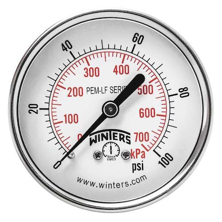 Winters Lead-Free Pressure Gauge, 0 to 100 psi, 2 1/2 in Dial, 1/4 in NPT, Center Back Location PEM1439LF