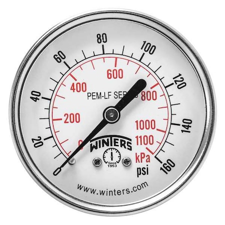 Winters Lead-Free Pressure Gauge, 0 to 160 psi, 2 1/2 in Dial, 1/4 in NPT, Center Back Location PEM1440LF