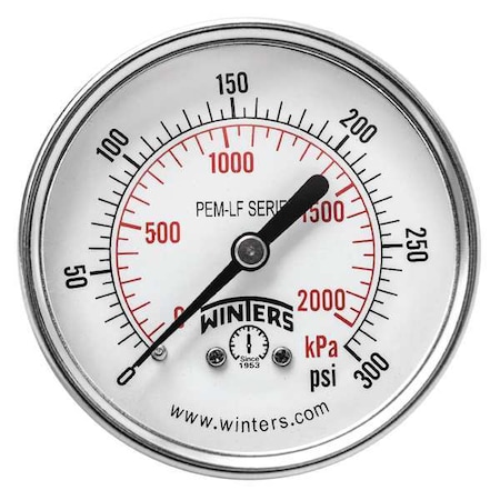 Winters Lead-Free Pressure Gauge, 0 to 300 psi, 2 1/2 in Dial, 1/4 in NPT, Center Back Location PEM1442LF