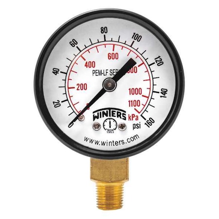 Winters Lead-Free Pressure Gauge, 0 to 160 psi, 2 in Dial, 1/8 in NPT, Bottom Location, Steel Case Material PEM197LF