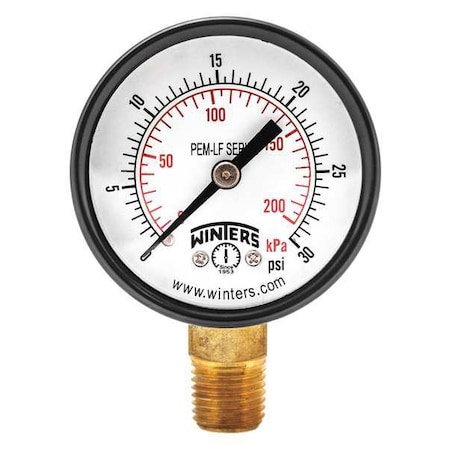 Winters Lead-Free Pressure Gauge, 0 to 30 psi, 2 in Dial, 1/4 in NPT, Bottom Location, Steel Case Material PEM199LF