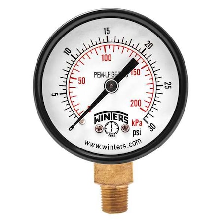 Winters Lead-Free Pressure Gauge, 0 to 30 psi, 2 in Dial, 1/8 in NPT, Bottom Location, Steel Case Material PEM206LF
