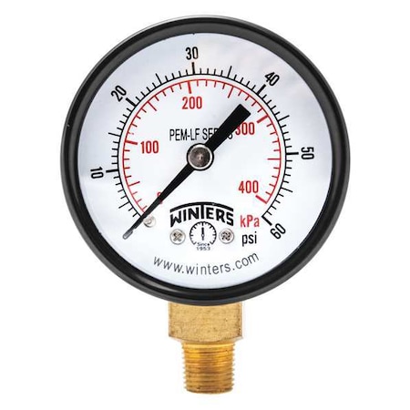 Winters Lead-Free Pressure Gauge, 0 to 60 psi, 2 in Dial, 1/8 in NPT, Bottom Location, Steel Case Material PEM207LF