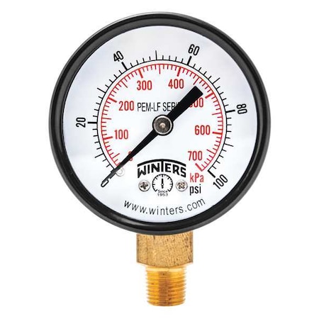 Winters Lead-Free Pressure Gauge, 0 to 100 psi, 2 in Dial, 1/8 in NPT, Bottom Location, Steel Case Material PEM208LF