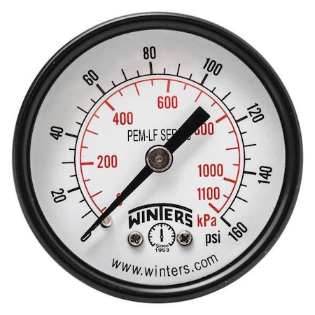 Winters Lead-Free Pressure Gauge, 0 to 160 psi, 2 in Dial, 1/8 in NPT, Center Back Location PEM1408LF
