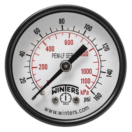 Winters Lead-Free Pressure Gauge, 0 to 160 psi, 2 in Dial, 1/4 in NPT, Center Back Location PEM1409LF