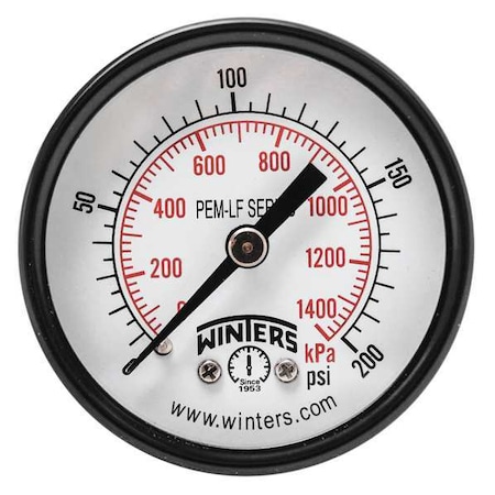 Winters Lead-Free Pressure Gauge, 0 to 200 psi, 2 in Dial, 1/4 in NPT, Center Back Location PEM1410LF