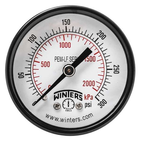 Winters Lead-Free Pressure Gauge, 0 to 300 psi, 2 in Dial, 1/4 in NPT, Center Back Location PEM1411LF
