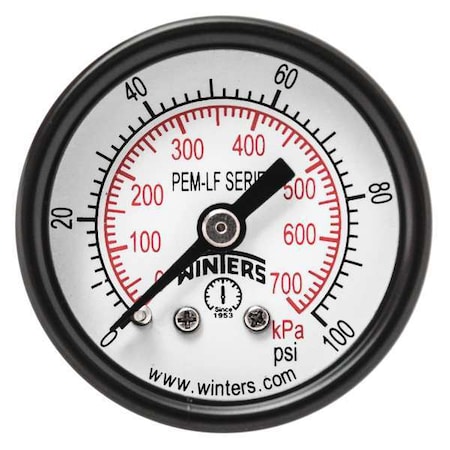 Winters Pressure Gauge, 0 to 100 psi, 1 1/2 in Dial, 1/8 in NPT Center Back Location, Steel Case Material PEM1420LF