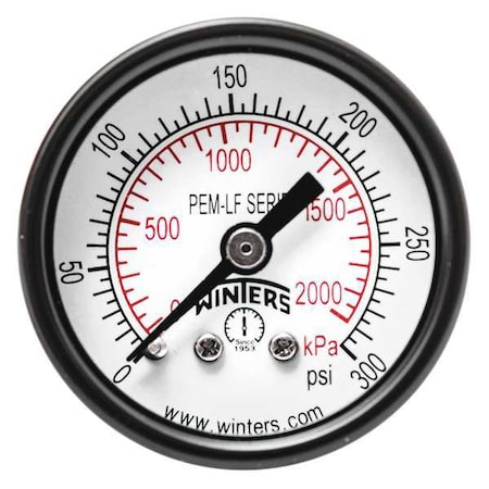 Winters Pressure Gauge, 0 to 300 psi, 1 1/2 in Dial, 1/8 in NPT Center Back Location, Steel Case Material PEM1423LF