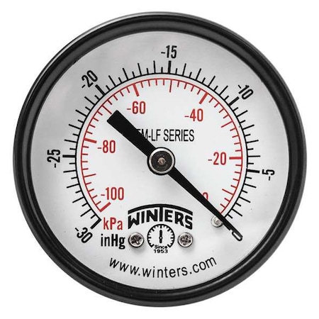 Winters Vacuum Gauge, -30 to 0 psi, 2 in Dial, 1/8 in NPT Center Back Location, Steel Case Material PEM1424LF