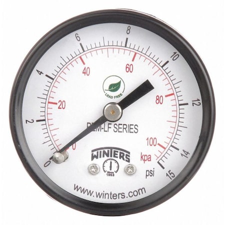 Winters Lead-Free Pressure Gauge, 0 to 15 psi, 2 in Dial, 1/8 in NPT, Center Back Location PEM1425LF