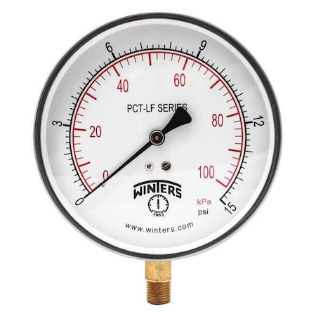 Winters Lead-Free Pressure Gauge, 0 to 15 psi, 4 1/2 in Dial, 1/4 in NPT, Bottom Location PCT319LF