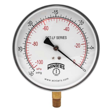 Winters Vacuum Gauge, -30 to 0 psi, 4 1/2 in Dial, 1/4 in NPT Bottom Location PCT320LF