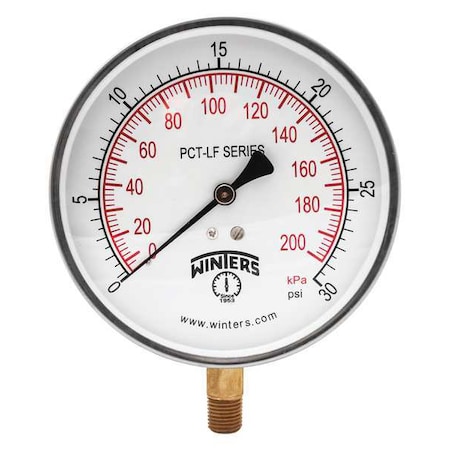 Winters Pressure Gauge, 0 to 30 psi, 4 1/2 in Dial, 1/4 in NPT Bottom Location PCT321LF