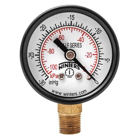 Winters Vacuum Gauge, 1-1/2in, 30in. Hg Vac to 0 PEM1297LF