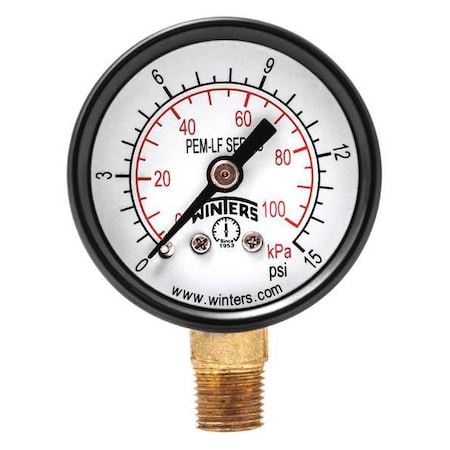 Winters Lead-Free Pressure Gauge, 0 to 15 psi, 1 1/2 in Dial, 1/8 in NPT, Bottom Location PEM1299LF