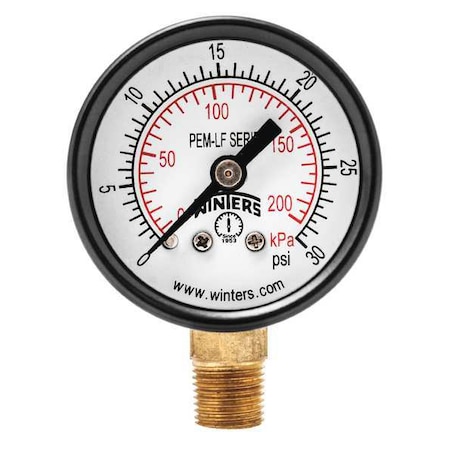 Winters Lead-Free Pressure Gauge, 0 to 30 psi, 1 1/2 in Dial, 1/8 in NPT, Bottom Location PEM1300LF