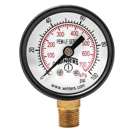 Winters Lead-Free Pressure Gauge, 0 to 100 psi, 1 1/2 in Dial, 1/8 in NPT, Bottom Location PEM1320LF