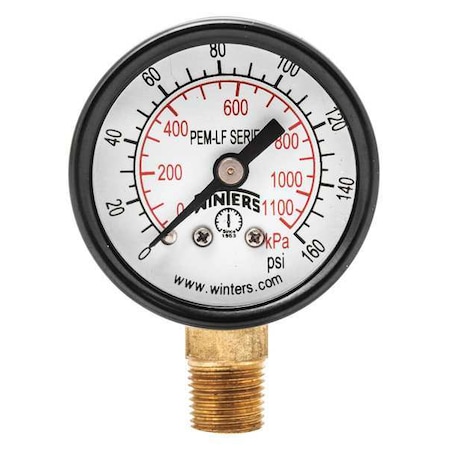 Winters Lead-Free Pressure Gauge, 0 to 160 psi, 1 1/2 in Dial, 1/8 in NPT, Bottom Location PEM1321LF