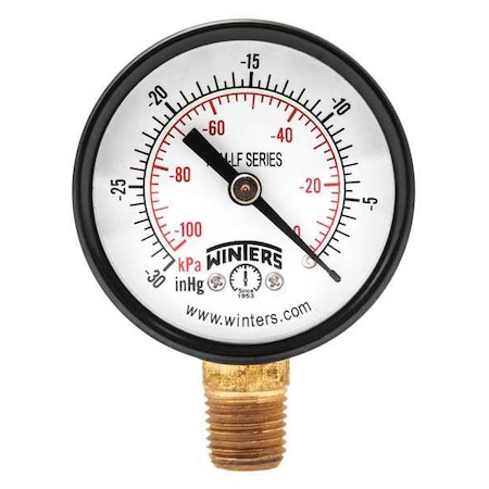 Winters Lead-Free Vacuum Gauge, 30 to 0 psi, 2 in Dial, 1/4 in NPT, Bottom Location, Steel Case Material PEM135LF