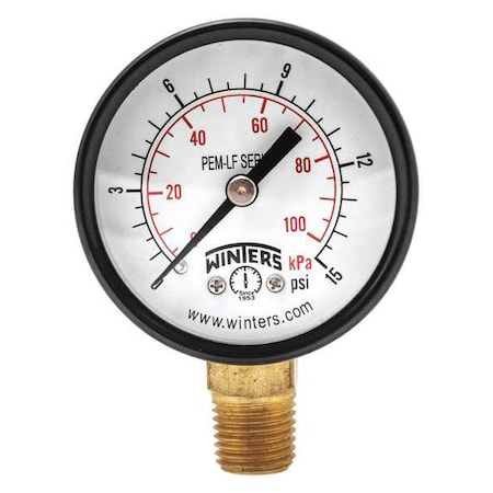 Winters Lead-Free Pressure Gauge, 0 to 15 psi, 2 in Dial, 1/4 in NPT, Bottom Location, Steel Case Material PEM136LF