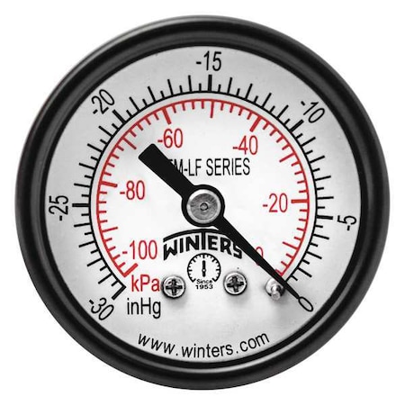 Winters Vacuum Gauge, -30 to 0 psi, 1 1/2 in Dial, 1/8 in NPT Center Back Location, Steel Case Material PEM1397LF