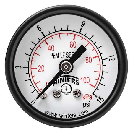 Winters Pressure Gauge, 0 to 15 psi, 1 1/2 in Dial, 1/8 in NPT Center Back Location, Steel Case Material PEM1399LF