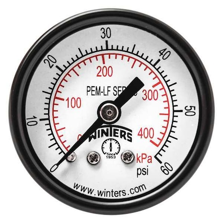 Winters Pressure Gauge, 0 to 60 psi, 1 1/2 in Dial, 1/8 in NPT Center Back Location, Steel Case Material PEM1401LF