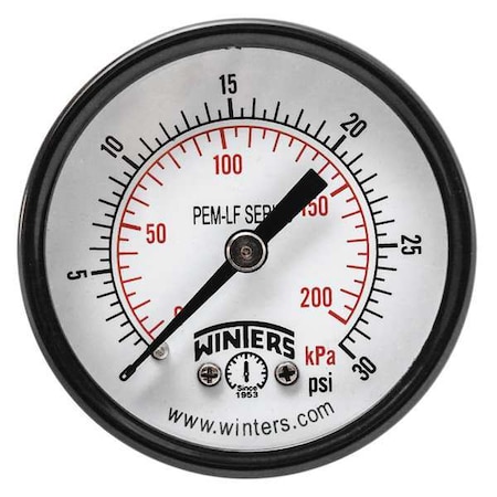 Winters Lead-Free Pressure Gauge, 0 to 30 psi, 2 in Dial, 1/4 in NPT, Center Back Location PEM1403LF