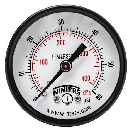 Winters Pressure Gauge, 0 to 60 psi, 2 in Dial, 1/8 in NPT Center Back Location, Steel Case Material PEM1404LF