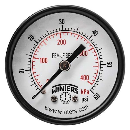 Winters Lead-Free Pressure Gauge, 0 to 60 psi, 2 in Dial, 1/4 in NPT, Center Back Location PEM1405LF