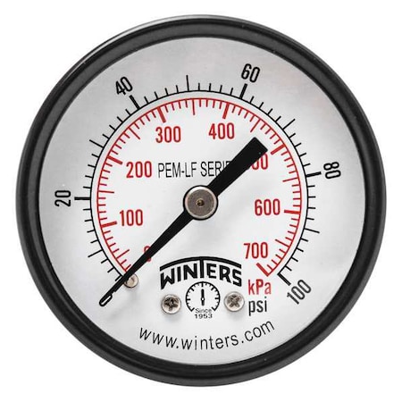 Winters Lead-Free Pressure Gauge, 0 to 100 psi, 2 in Dial, 1/4 in NPT, Center Back Location PEM1407LF