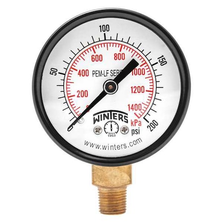 Winters Lead-Free Pressure Gauge, 0 to 200 psi, 2 in Dial, 1/8 in NPT, Bottom Location, Steel Case Material PEM209LF