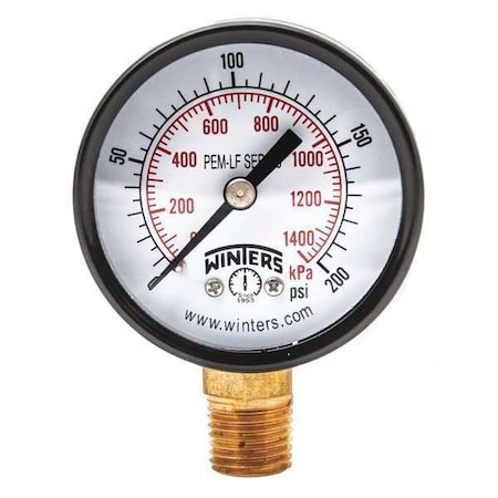 Winters Lead-Free Pressure Gauge, 0 to 200 psi, 2 in Dial, 1/4 in NPT, Bottom Location, Steel Case Material PEM204LF