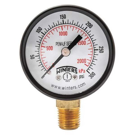 Winters Lead-Free Pressure Gauge, 0 to 300 psi, 2 in Dial, 1/4 in NPT, Bottom Location, Steel Case Material PEM205LF