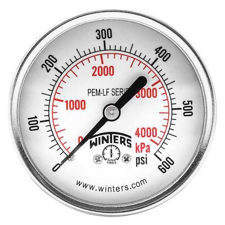 Winters Pressure Gauge, 0 to 600 psi, 2 1/2 in Dial, 1/4 in NPT Center Back Location, Steel Case Material PEM3413LF