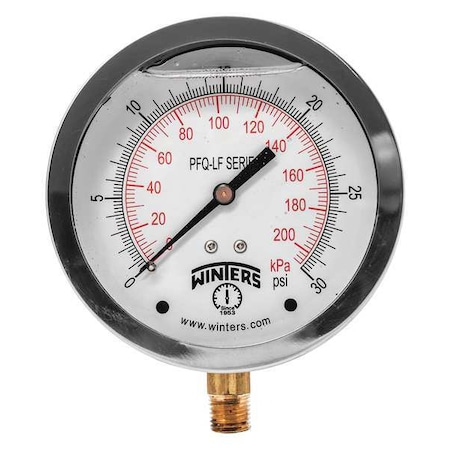 Winters Lead-Free Pressure Gauge, 0 to 30 psi, 4 in Dial, 1/4 in NPT, Bottom Location PFQ709LF