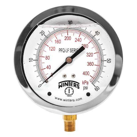 Winters Lead-Free Pressure Gauge, 0 to 60 psi, 4 in Dial, 1/4 in NPT, Bottom Location PFQ710LF