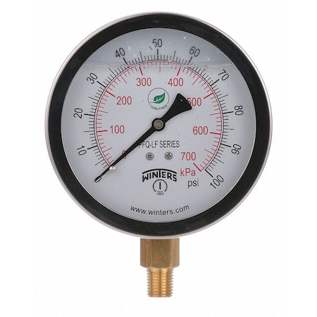 Winters Lead-Free Pressure Gauge, 0 to 100 psi, 4 in Dial, 1/4 in NPT, Bottom Location PFQ711LF