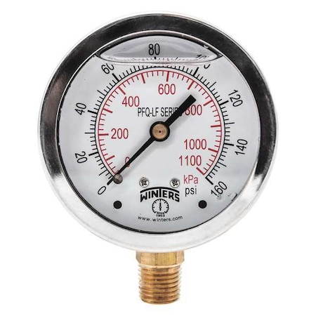 Winters Lead-Free Pressure Gauge, 0 to 160 psi, 4 in Dial, 1/4 in NPT, Bottom Location PFQ712LF