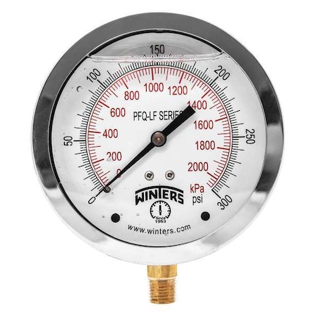 Winters Lead-Free Pressure Gauge, 0 to 300 psi, 4 in Dial, 1/4 in NPT, Bottom Location PFQ714LF
