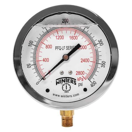 Winters Lead-Free Pressure Gauge, 0 to 400 psi, 4 in Dial, 1/4 in NPT, Bottom Location PFQ715LF