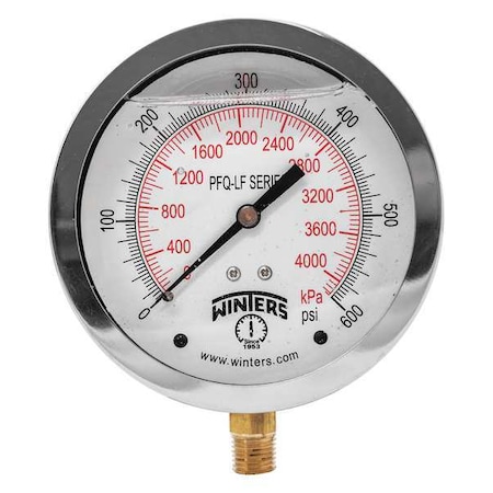 Winters Lead-Free Pressure Gauge, 0 to 600 psi, 4 in Dial, 1/4 in NPT, Bottom Location PFQ716LF