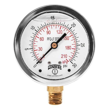 Winters Lead-Free Pressure Gauge, 0 to 30 psi, 2 1/2 in Dial, 1/4 in NPT, Bottom Location PFQ802LF