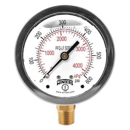 Winters Lead-Free Pressure Gauge, 0 to 600 psi, 2 1/2 in Dial, 1/4 in NPT, Bottom Location PFQ808LF