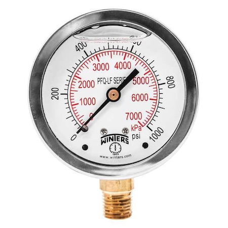 Winters Lead-Free Pressure Gauge, 0 to 1,000 psi, 2 1/2 in Dial, 1/4 in NPT, Bottom Location PFQ809LF