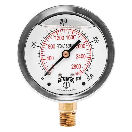 Winters Lead-Free Pressure Gauge, 0 to 400 psi, 2 1/2 in Dial, 1/4 in NPT, Bottom Location PFQ817LF
