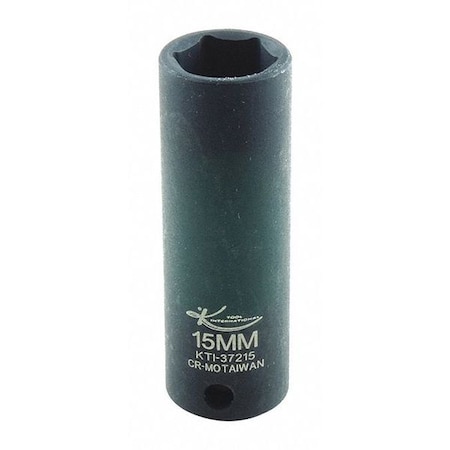 K-Tool International 3/8 in Drive Impact Socket Deep Socket, black oxide, Metric, 15mm, 2-1/2in.L, Hex KTI-37215